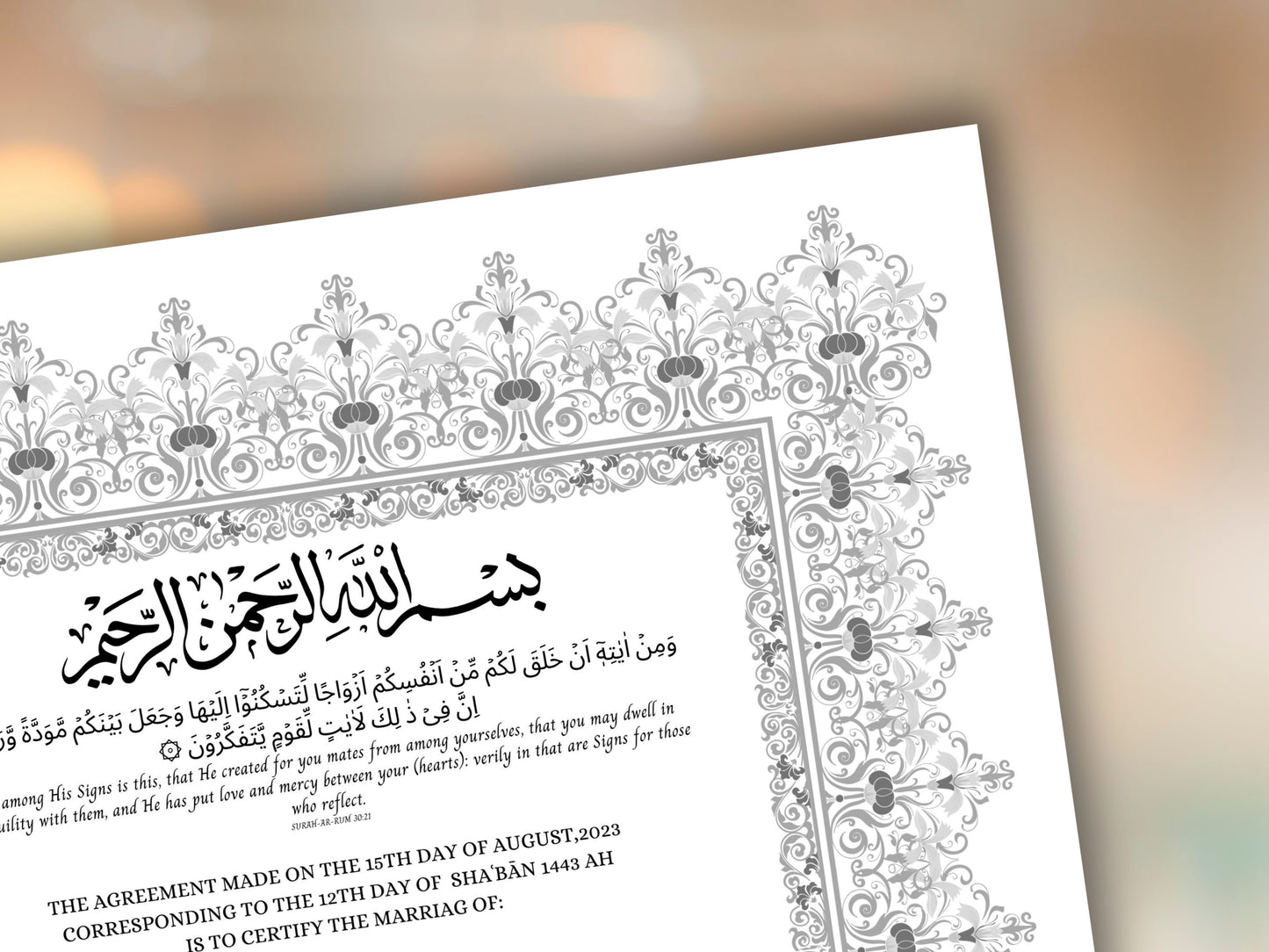 Nikkah Certificate, Nikkahnama, Nikahnama, Muslim Contract, Personalised, A4, A3, Template, Instat Download. NN271