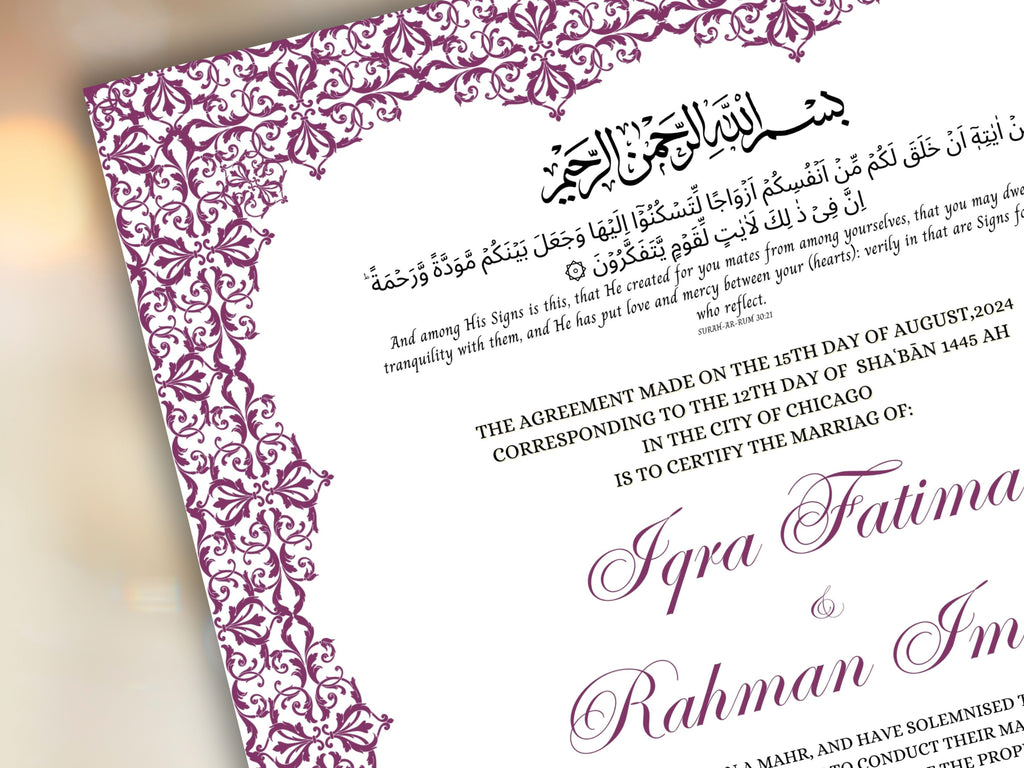 Nikkah Certificate Digital Download Personalised, A4, A3, Template, Editable, Purple Nikkah Nama, Nikkah Contract, Muslim Contract. NN244