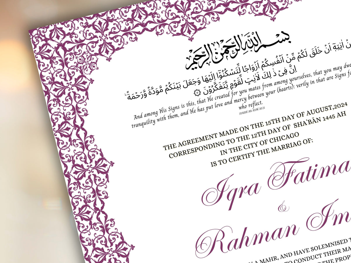 Nikkah Certificate Digital Download Personalised, A4, A3, Template, Editable, Purple Nikkah Nama, Nikkah Contract, Muslim Contract. NN244