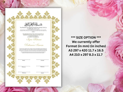 Luxury Nikkah Certificate, Premium A4 Islamic Wedding Contract, Nikkah Nama, Muslim Marriage Certificate, Personalised Names, A4, A3. NN214