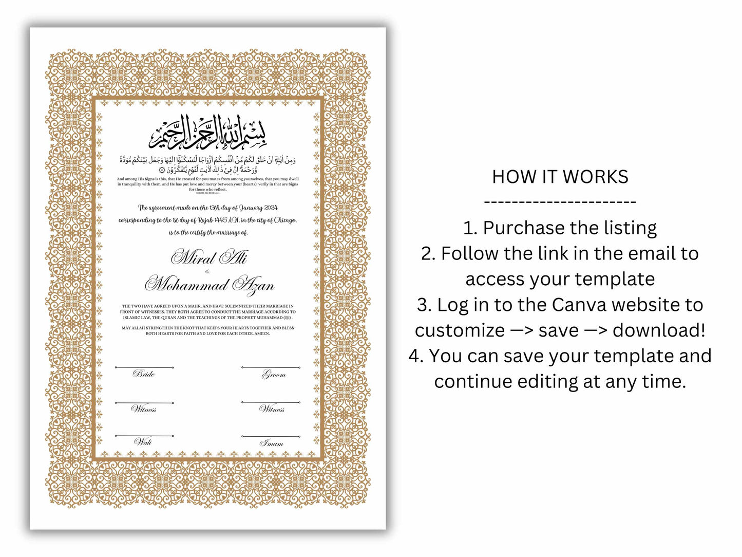 Luxury Nikkah Certificate, Premium A4/A3 Islamic Wedding Contract, Nikkah Nama, Muslim Marriage Certificate, Personalised Names, NN198