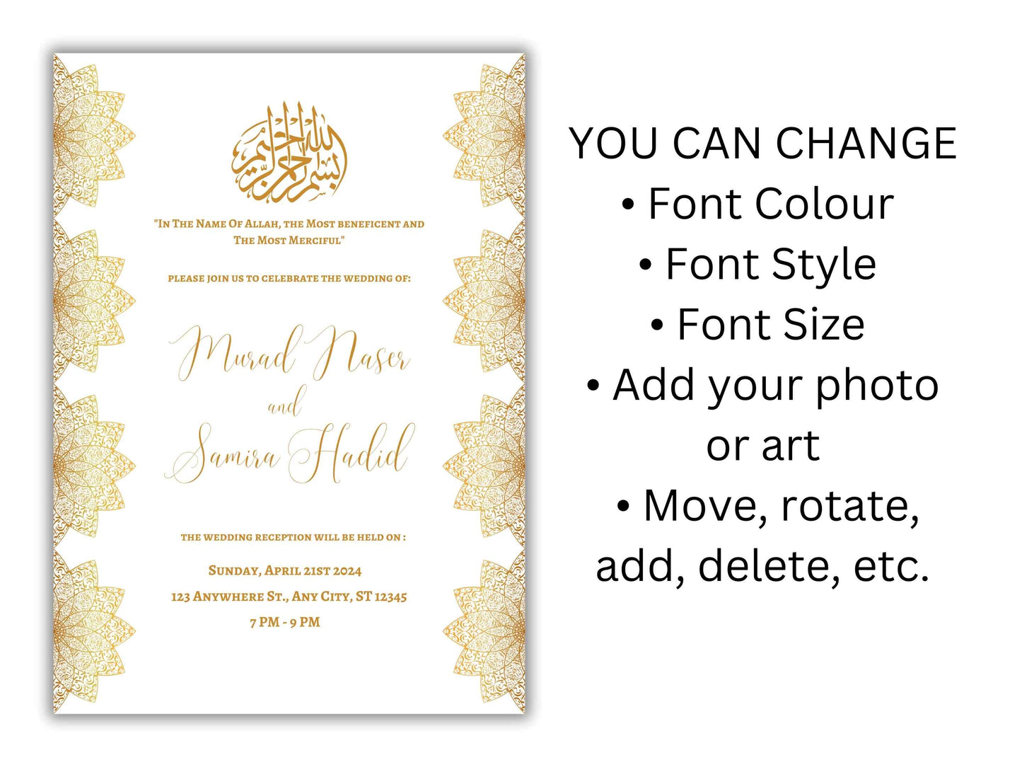 Gold Muslim Wedding Invitation, Nikkah Invitation, Muslim Wedding Invite, Wedding Invite, Invitation Template, Editable Canva Template, WT55