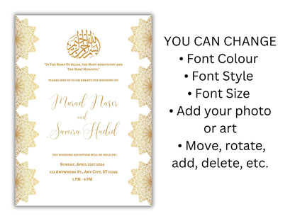 Gold Muslim Wedding Invitation, Nikkah Invitation, Muslim Wedding Invite, Wedding Invite, Invitation Template, Editable Canva Template, WT55