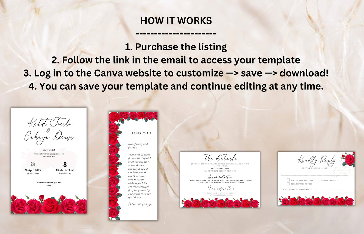 Red Rose Wedding Invitation set, Red Rose RSVP, Dark Red floral, Red Rose wedding Invitation, Details, Editable, Thank You Card. WIT64