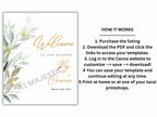 Green Leaves Wedding Welcome Sign Template, Greenery wedding welcome sign printable, Wedding welcome sign download. WS10