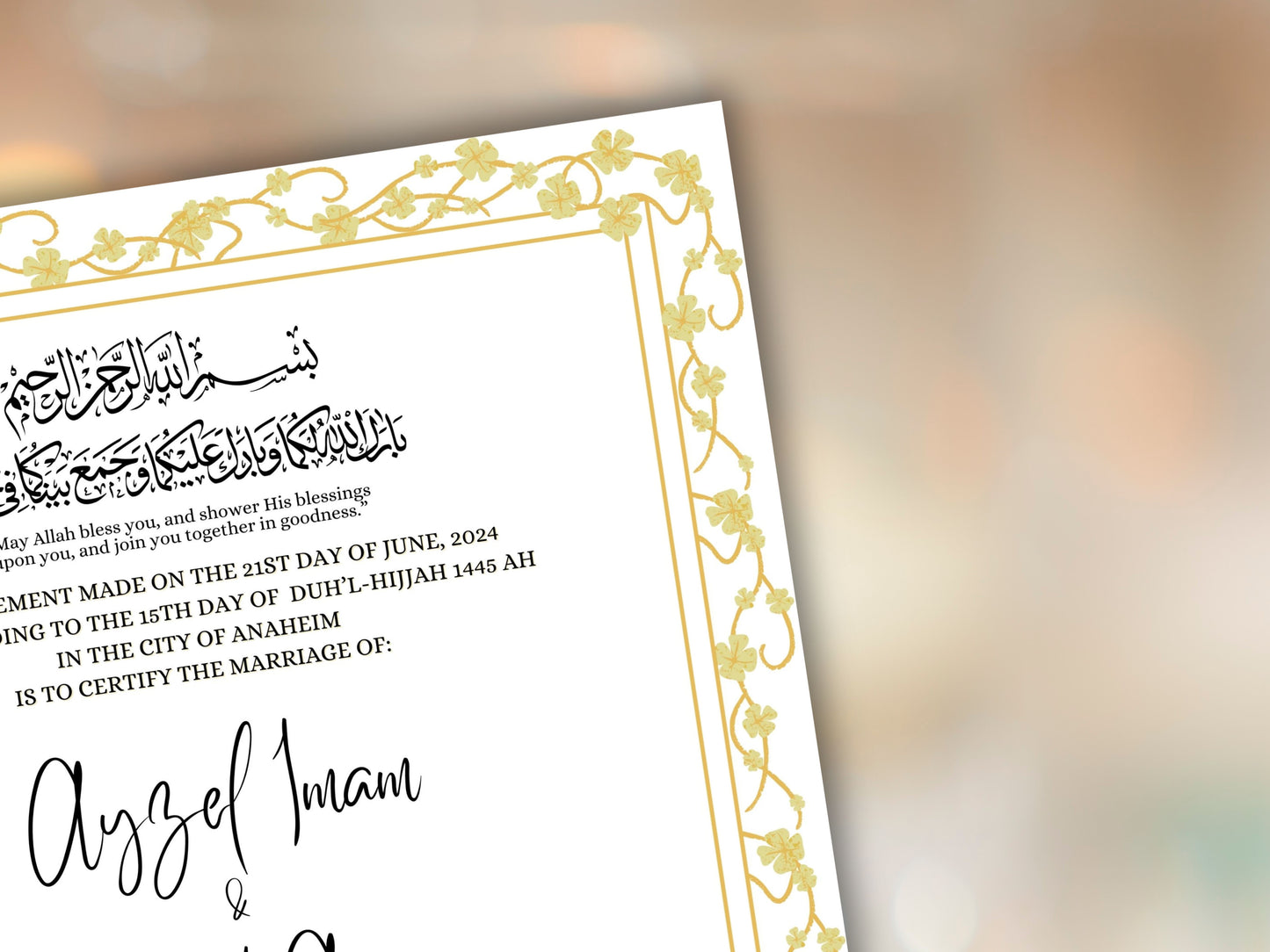 A4/A3 Nikkah Certificate, Customizable Luxury Islamic Nikkah Marriage Contract Certificate, Muslim Wedding Gift. NN257