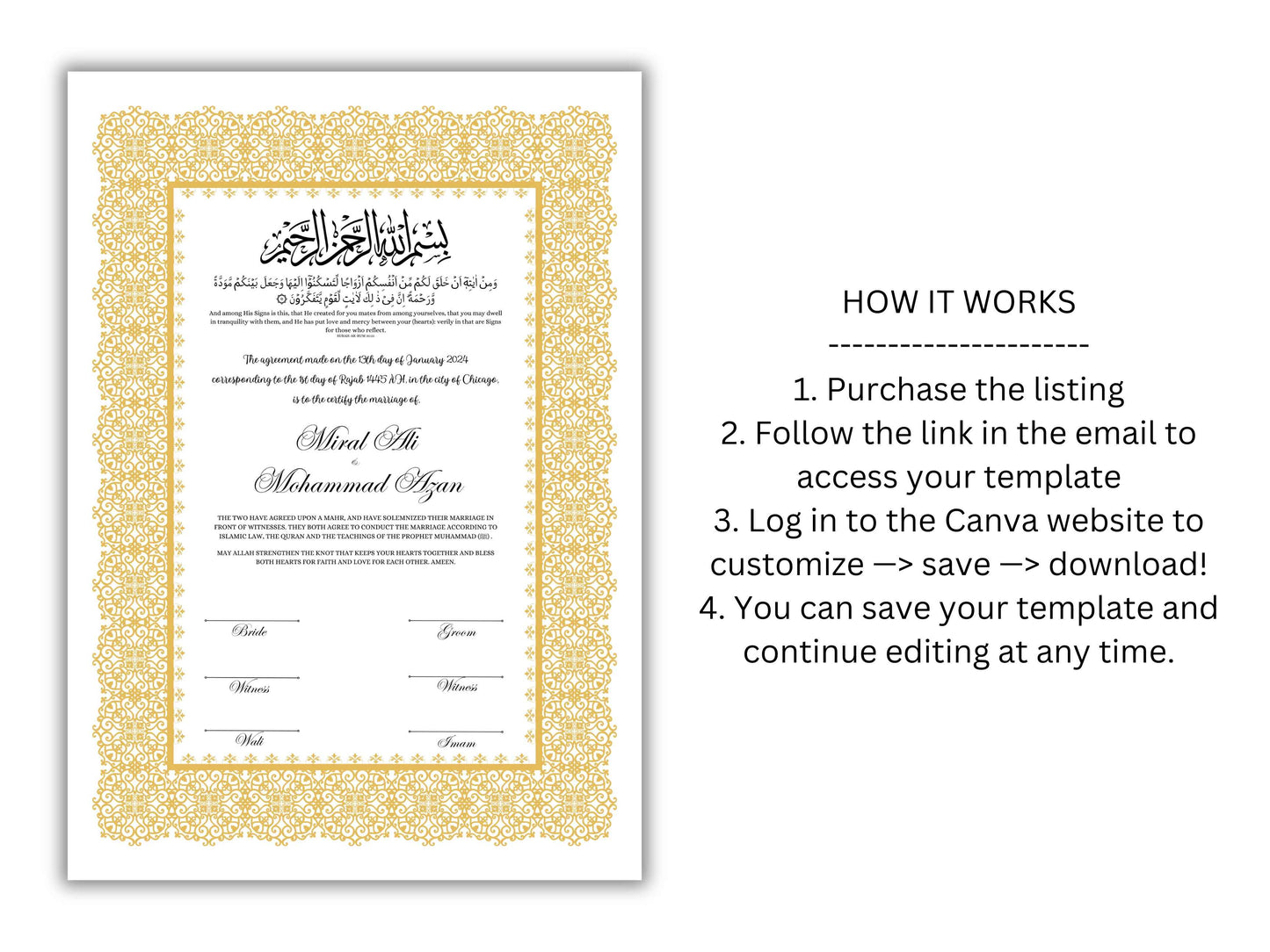 A4/A3 Nikkah Certificate, Printable Nikkahnama Template, Marriage Contract, Nikkah Contract Template, Islamic Wedding Contract. NN200