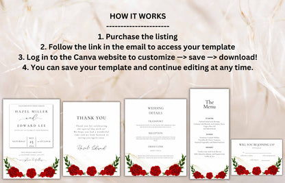 Red Rose Wedding Invitation set, Red Rose RSVP, Dark Red floral, Red Rose wedding Invitation, Details, Menu, Editable, Thank You Card. WIT62