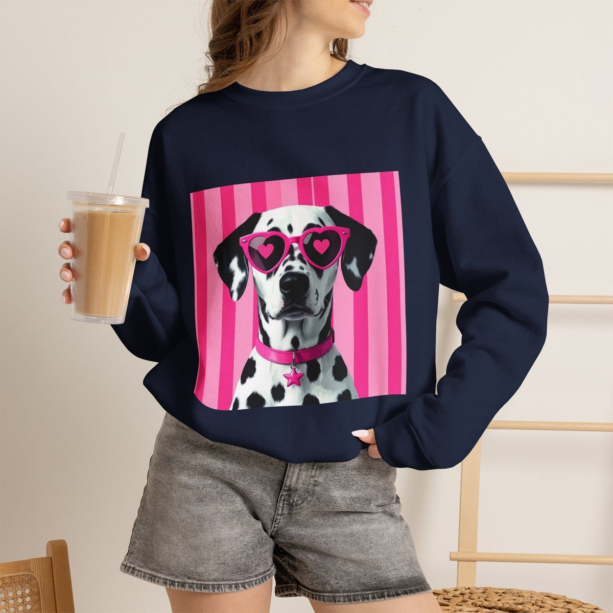 Dalmatian with Heart Sunglasses Sweatshirt — Cute Pink Pet Graphic Crewneck