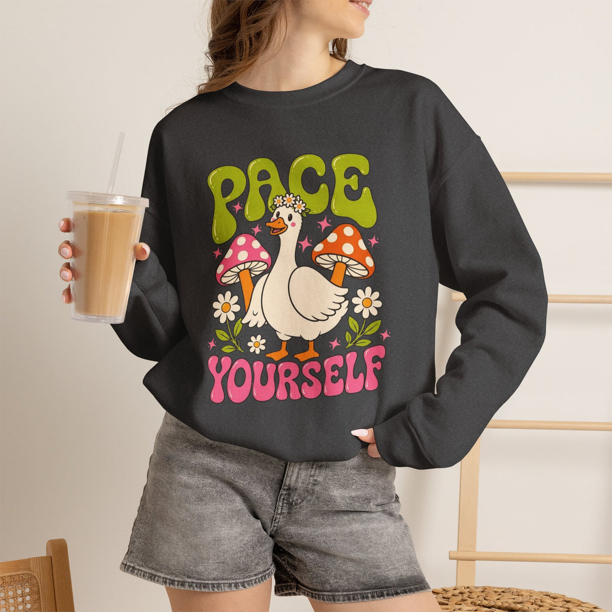 Peace Yourself Crewneck Sweatshirt — Retro Duck & Mushrooms Graphic