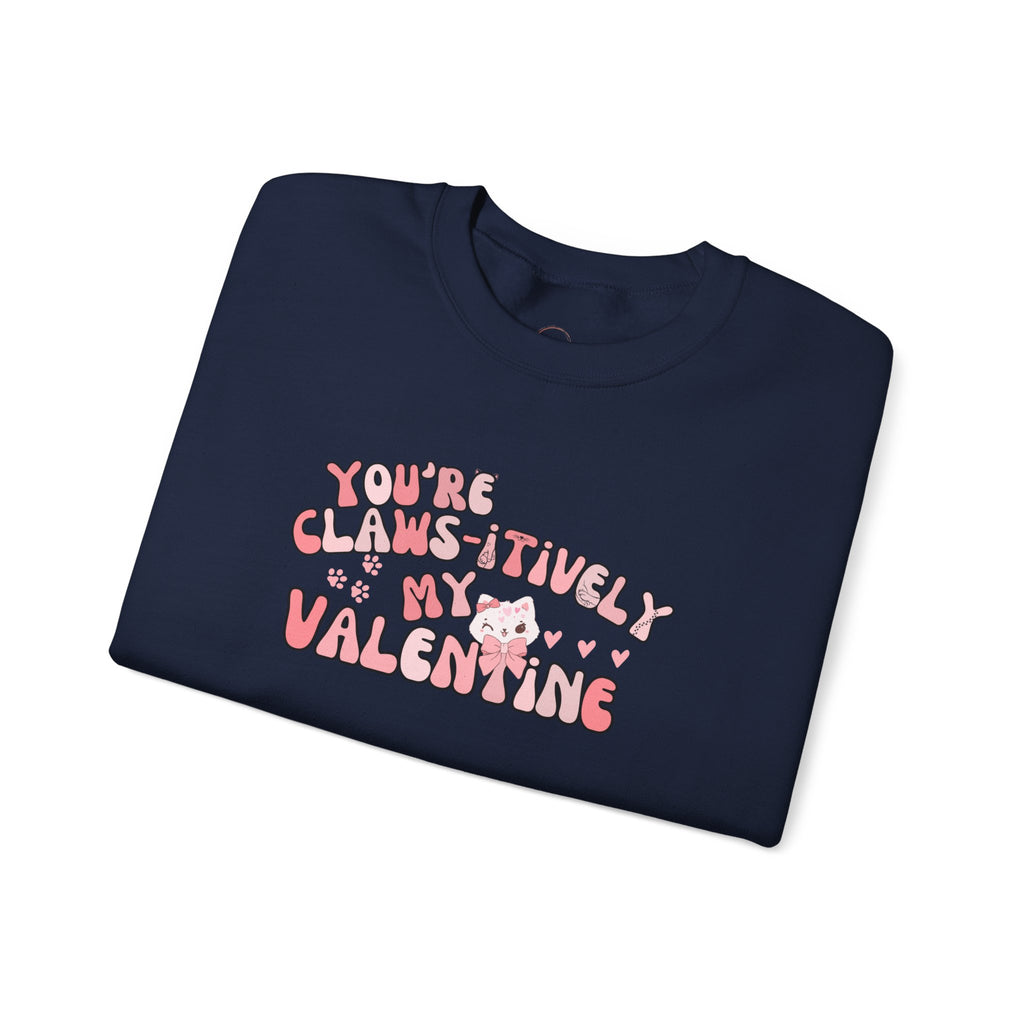 Cat Bow Valentine Unisex Sweatshirt, Claws-itively Adorable Gift, Funny Valentine's Day Jumper, Cute Kitty Lover Top, Heart Design Pullover,