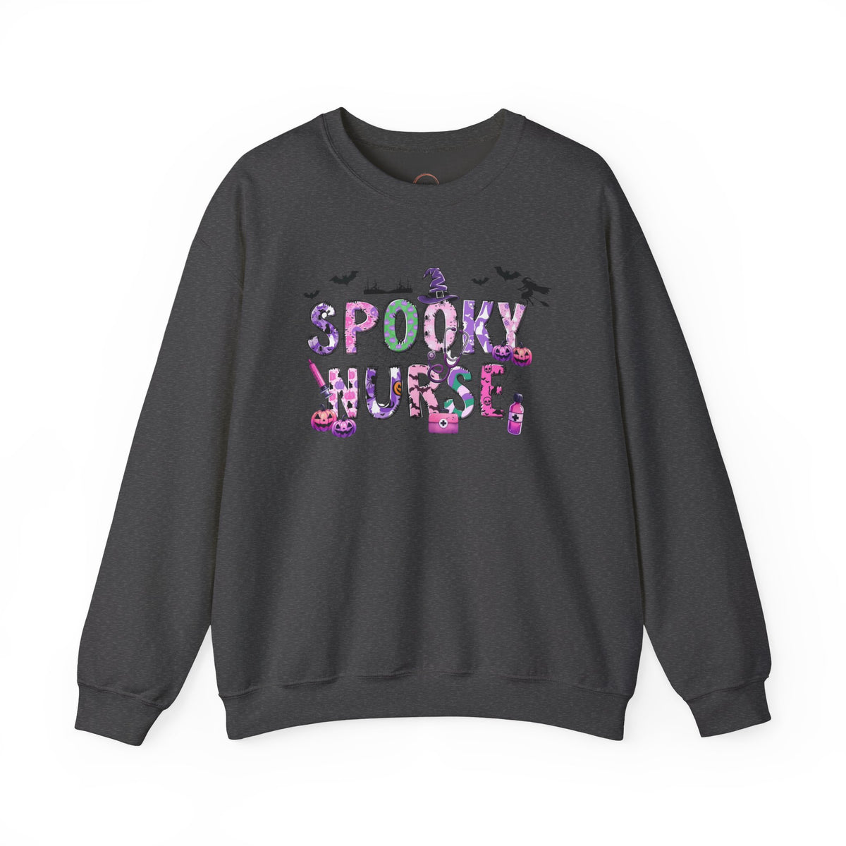 A dark charcoal gray crewneck sweatshirt featuring a colorful graphic print on the front that reads 'SPOOKY NURSE' in a glittery, multicolored font with a small nurse hat icon above it, displayed on a clean white background.