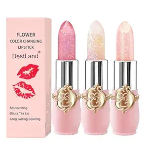 BestLand 3 Pcs/Set Flower Jelly Lipstick Set Temperature Change Moisturizer Long Lasting Nutritious Glossy Shine Lip Balm Magic Gold Crystal PH Color Change Lip Gloss for Women