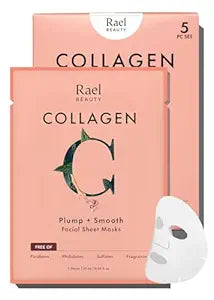 Rael Face Mask Skin Care, Collagen Face Masks - Bamboo Facial Sheet Mask, Korean Skincare, with Collagen Essence and Fruit Extracts, Nourishing and Hydrating, All Skin Types (Collagen, 5 Sheets)