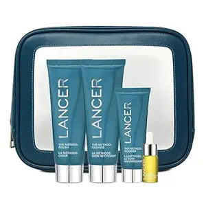Lancer Skincare | The Method Intro Kit | 3 Step Skincare Set | Face Scrub, Facial Cleanser, Moisturizer and Omega Oil | Anti Aging Formula for Normal or Combination Skin | Dermatologist Developed