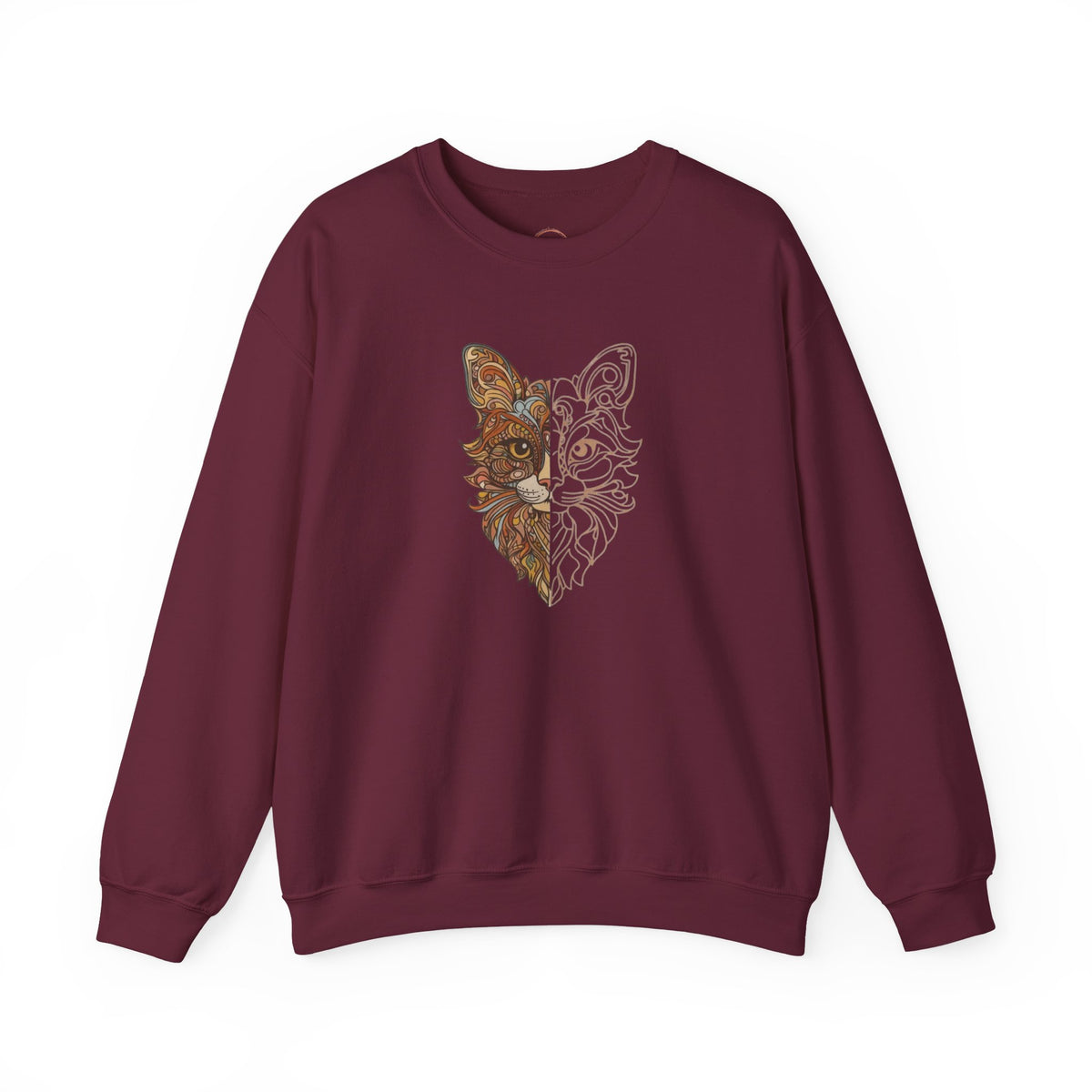 Cat Face Split Crewneck Sweatshirt – Half Realistic, Half Line Art Cat Design
