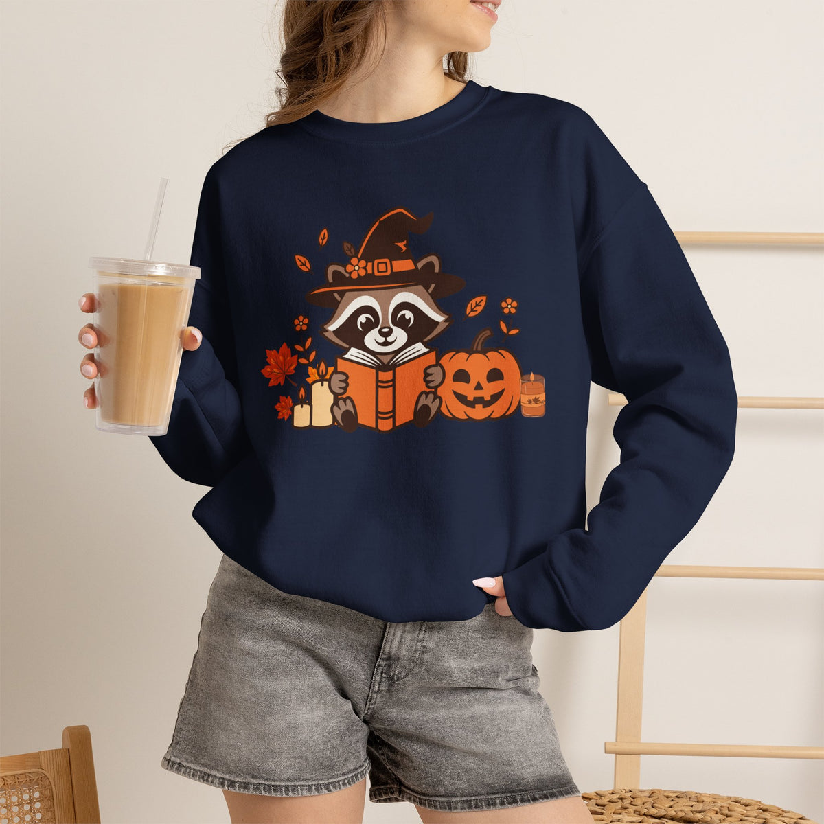 Halloween Raccoon Witch Sweatshirt – Cute Pumpkin & Spooky Book Crewneck