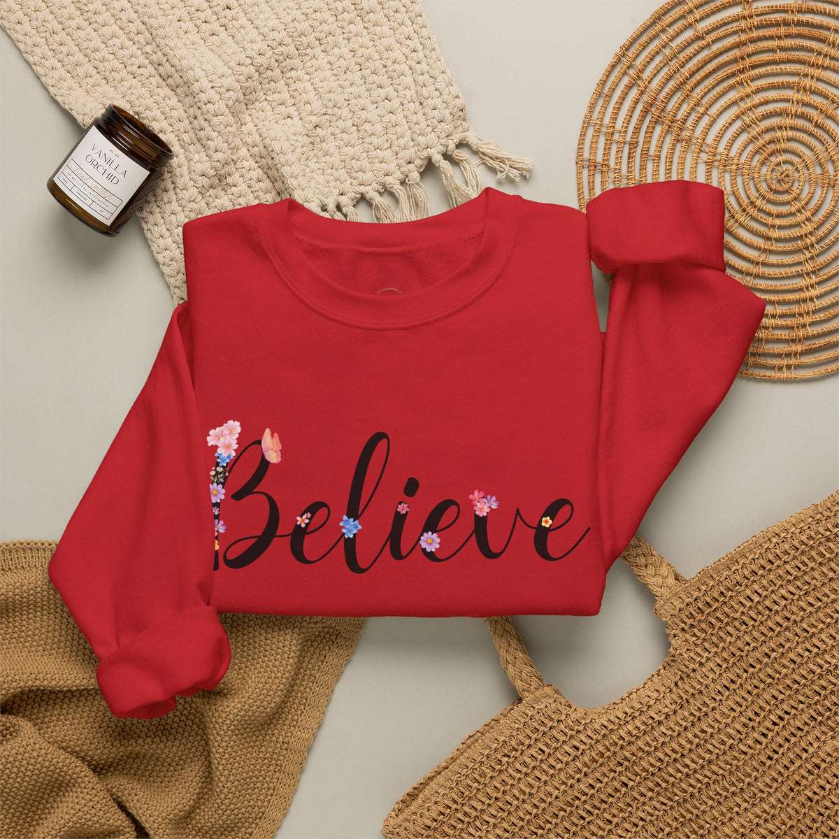 Believe Floral Crewneck Sweatshirt — Inspirational White Pullover
