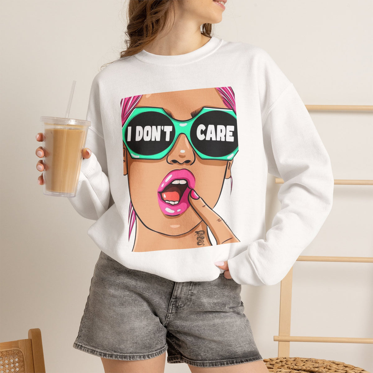 “I Don’t Care” Pop Art Crewneck Sweatshirt