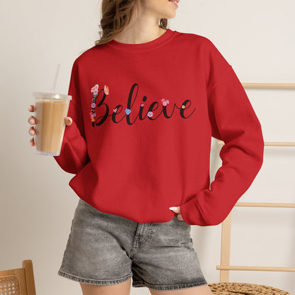 Believe Floral Crewneck Sweatshirt — Inspirational White Pullover