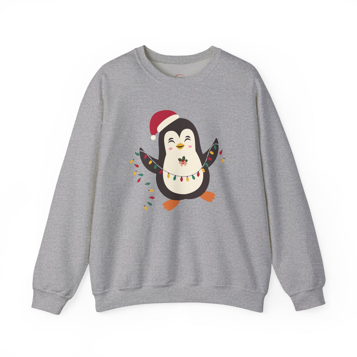 A heather gray crewneck sweatshirt featuring a cartoon penguin graphic on the front. The penguin is wearing a red Santa hat and colorful Christmas lights, with orange feet and a small red bow on its chest.