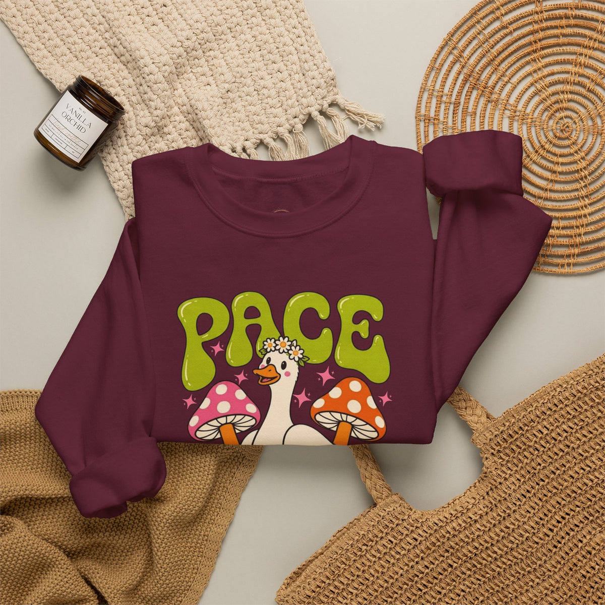 Peace Yourself Crewneck Sweatshirt — Retro Duck & Mushrooms Graphic