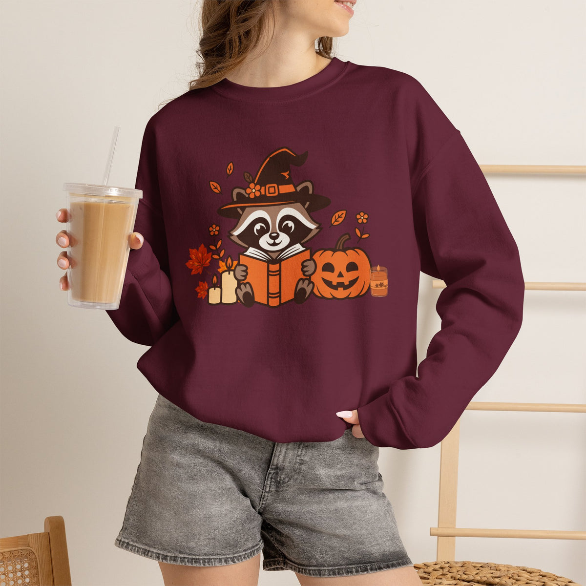Halloween Raccoon Witch Sweatshirt – Cute Pumpkin & Spooky Book Crewneck