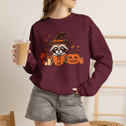 Halloween Raccoon Witch Sweatshirt – Cute Pumpkin & Spooky Book Crewneck