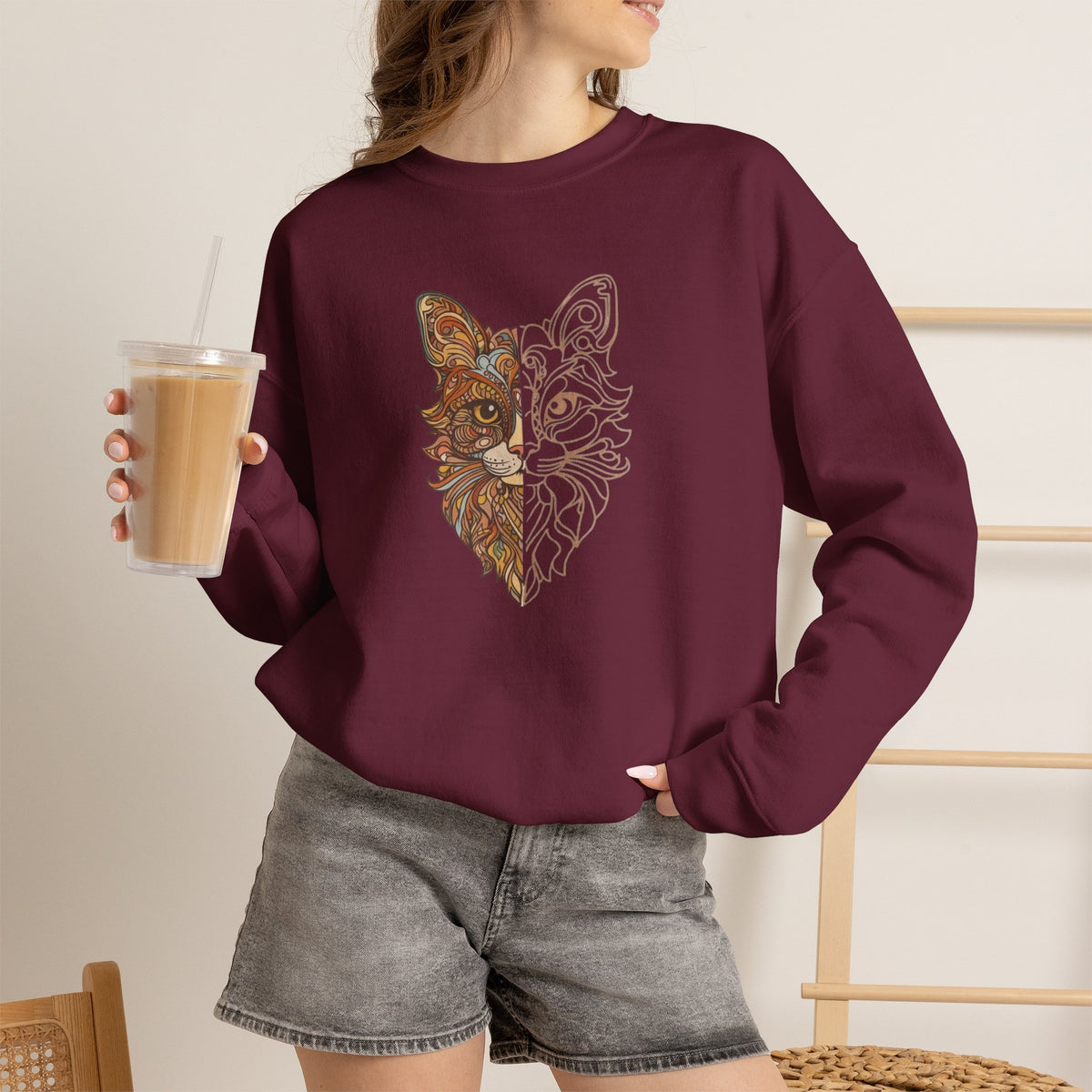 Cat Face Split Crewneck Sweatshirt – Half Realistic, Half Line Art Cat Design