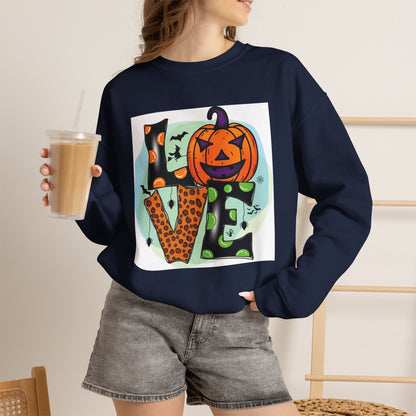 Halloween LOVE Crewneck Sweatshirt — Jack-O'-Lantern & Leopard Print Graphic