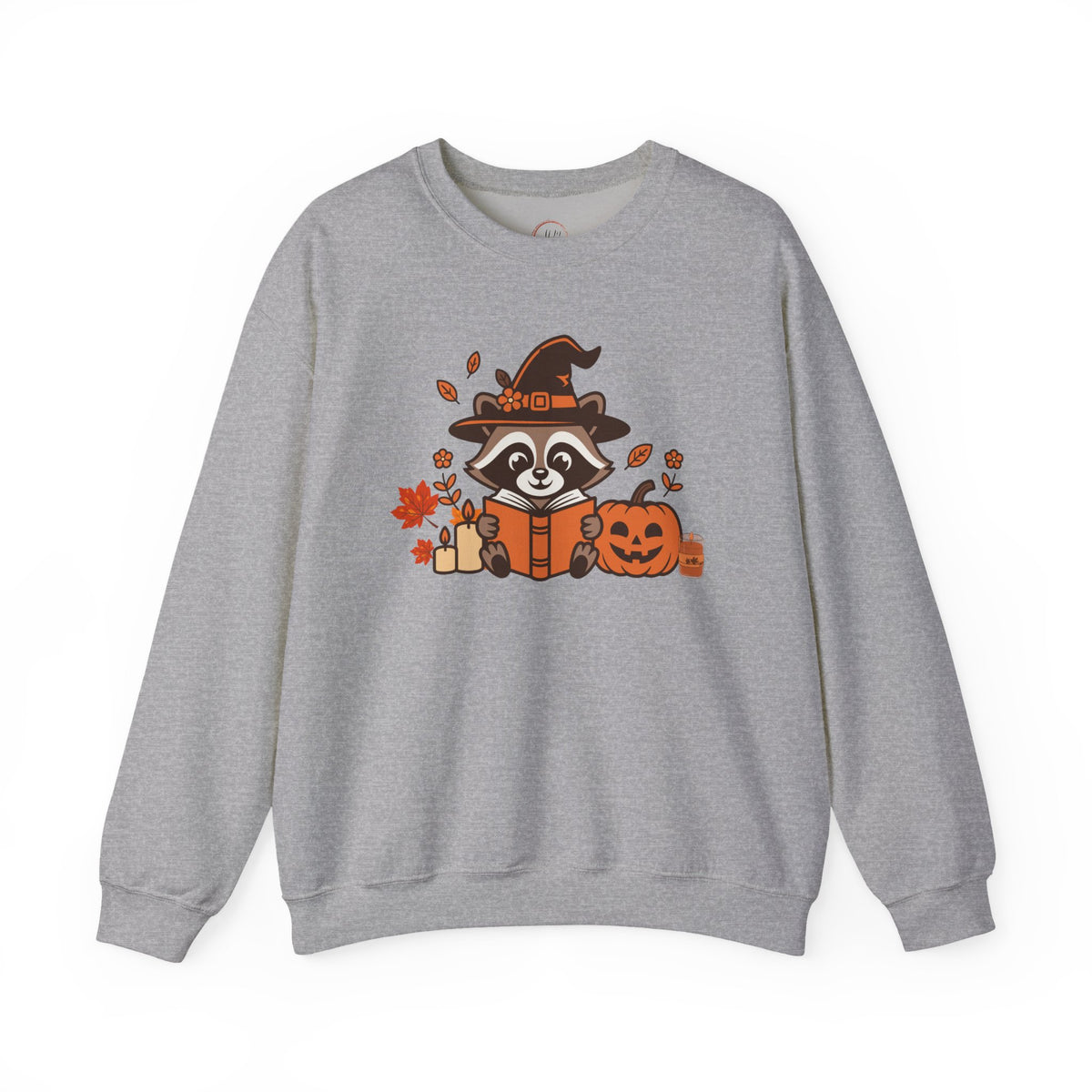 Halloween Raccoon Witch Sweatshirt – Cute Pumpkin & Spooky Book Crewneck
