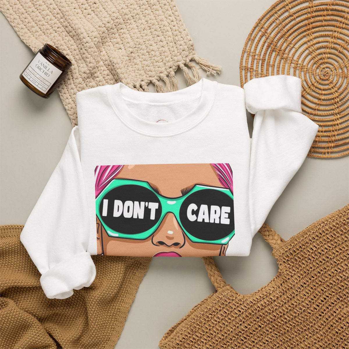 “I Don’t Care” Pop Art Crewneck Sweatshirt