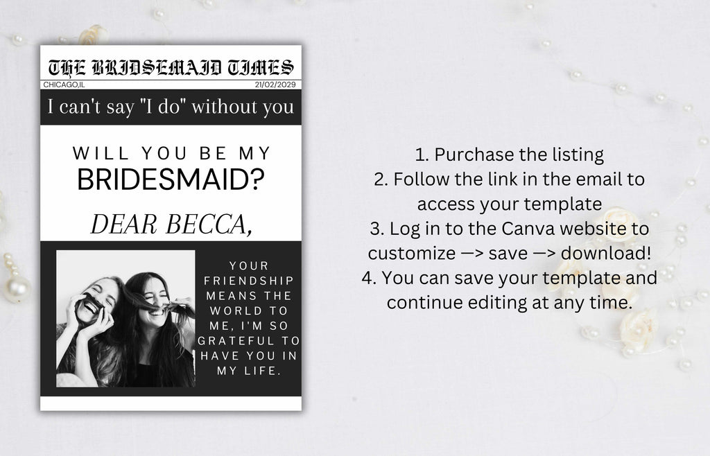 Newspaper Bridesmaid Proposal Printable, Will You Be My Bridesmaid Card Template, Bridesmaid Proposal Card, Bridesmaid Info Card. BT42