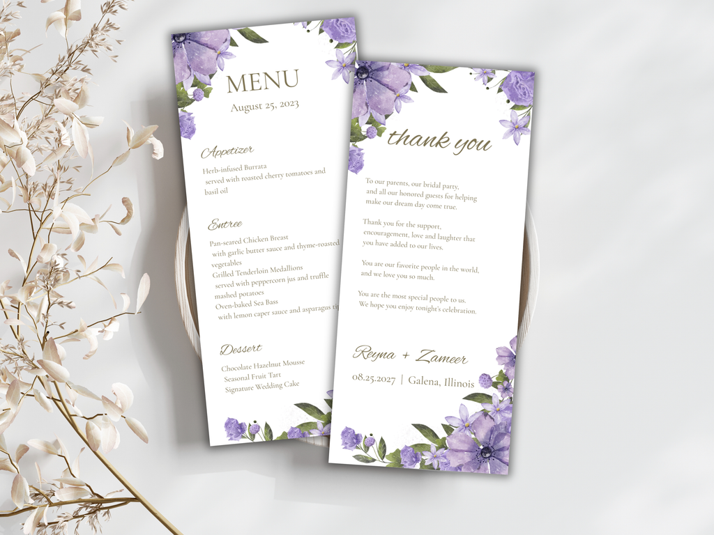 Lavender Floral Wedding Menu & Thank You Template | Editable Canva Place Card. WI204