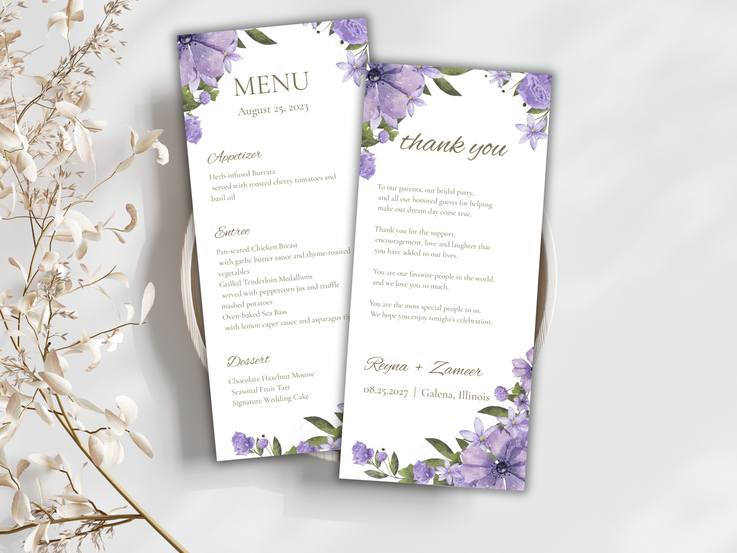 Lavender Floral Wedding Menu & Thank You Template | Editable Canva Place Card. WI204