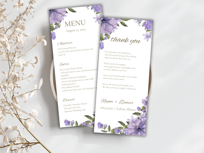 Lavender Floral Wedding Menu & Thank You Template | Editable Canva Place Card. WI204