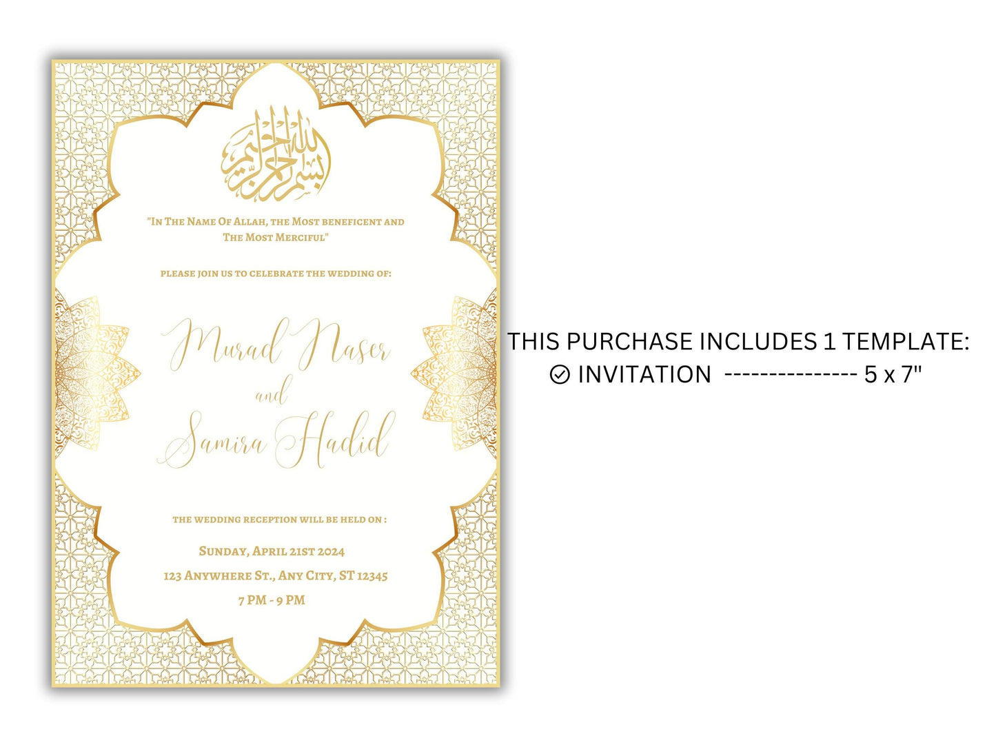 Gold Muslim Wedding Invitation, Nikkah Invitation, Muslim Wedding Invite, Wedding Invite, Invitation Template, Editable Canva Template, WT54