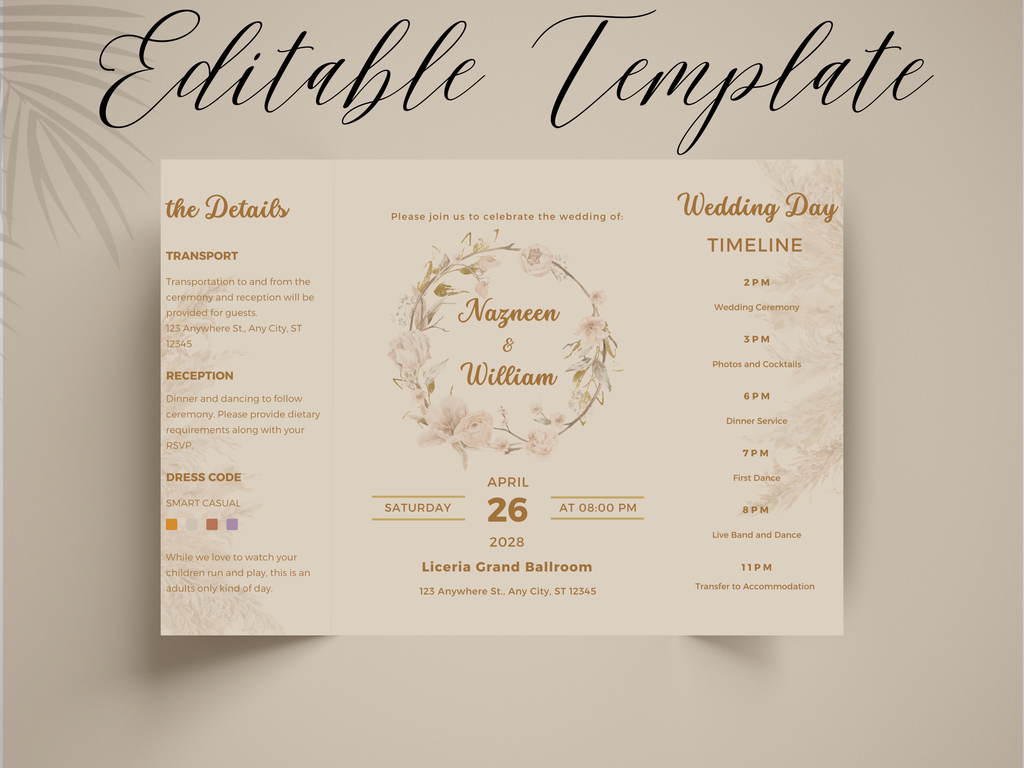 Wedding Itinerary Template | Printable Wedding Timeline & Details Card | Modern Neutral Wedding Program | Editable Canva Invitation. 173