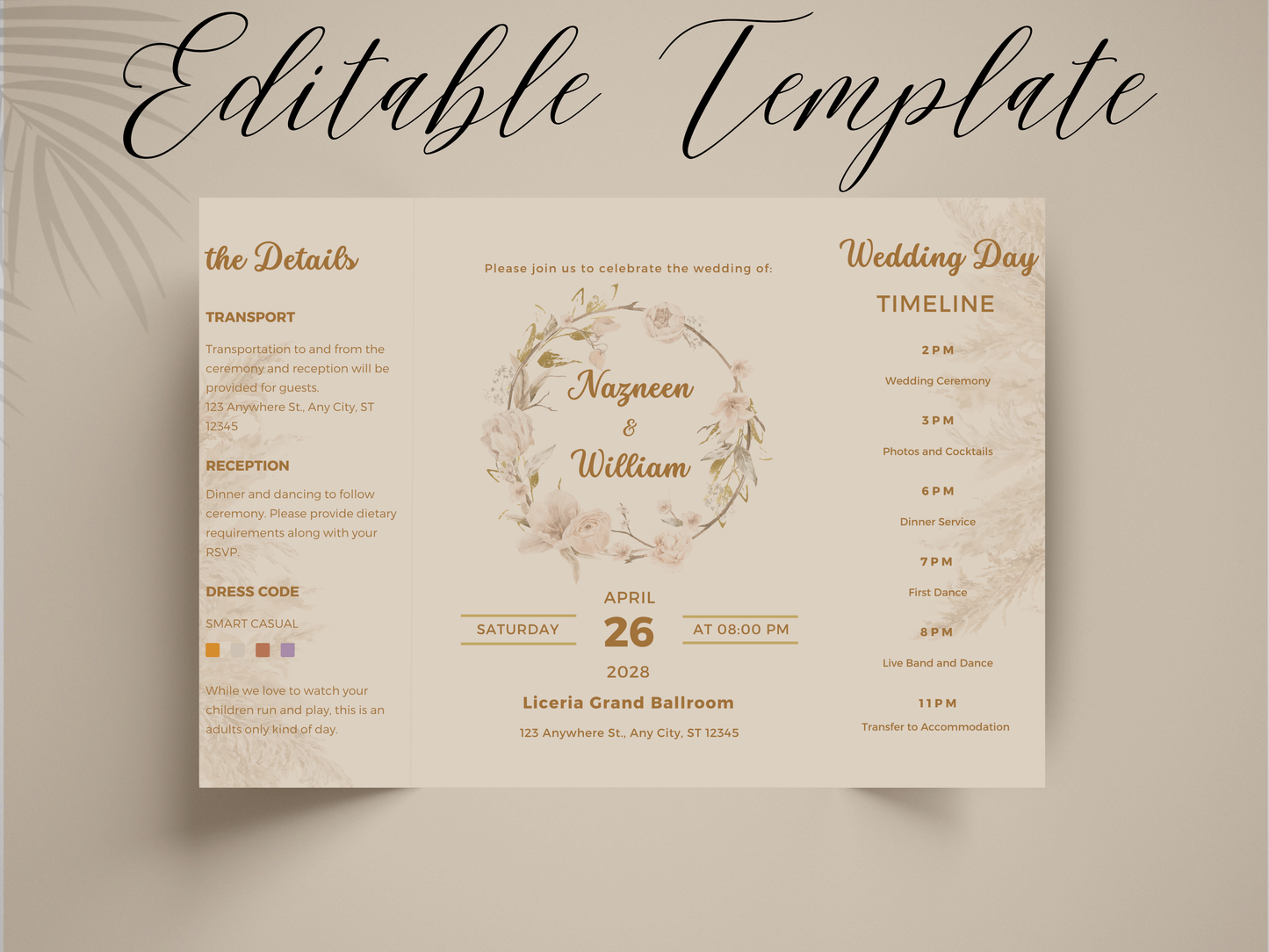 Wedding Itinerary Template | Printable Wedding Timeline & Details Card | Modern Neutral Wedding Program | Editable Canva Invitation. 173