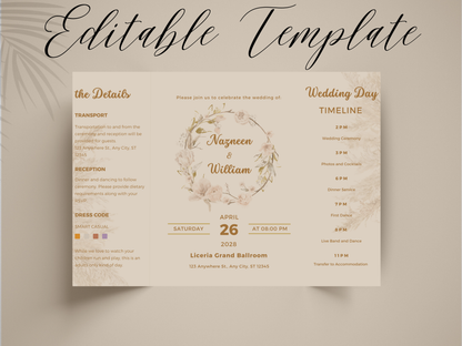 Wedding Itinerary Template | Printable Wedding Timeline & Details Card | Modern Neutral Wedding Program | Editable Canva Invitation. 173