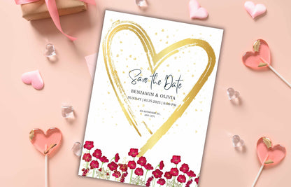 Wedding Invitation Template, Pink Wild Flower Wedding Invitation, Gold Heart Wedding Card, Romantic marriage Invitation, Editable BV61