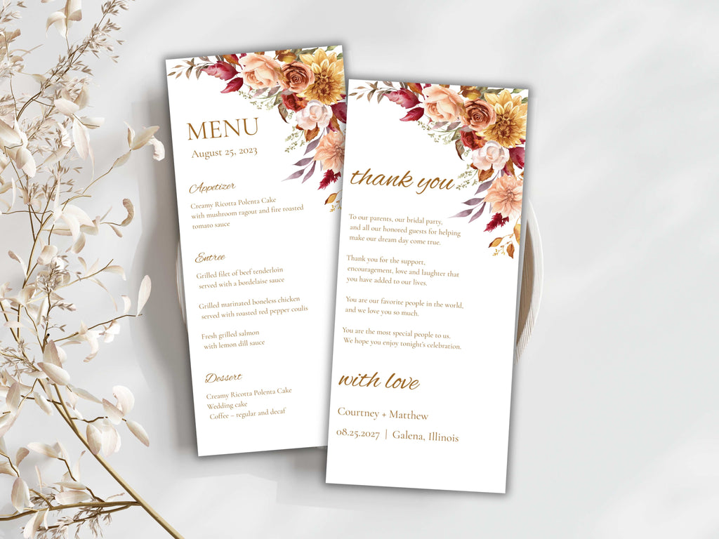 Boho Autumn Wedding Menu Template, Editable Place Card & Thank You Note, Fall Floral Wedding Printables. WI191