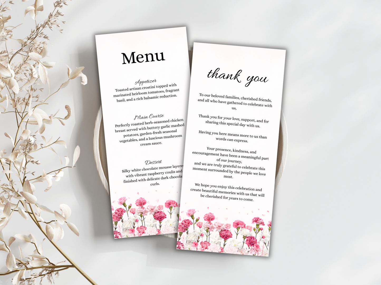 Wedding Reception Menu, thank you, table card, Instant Download MTC424