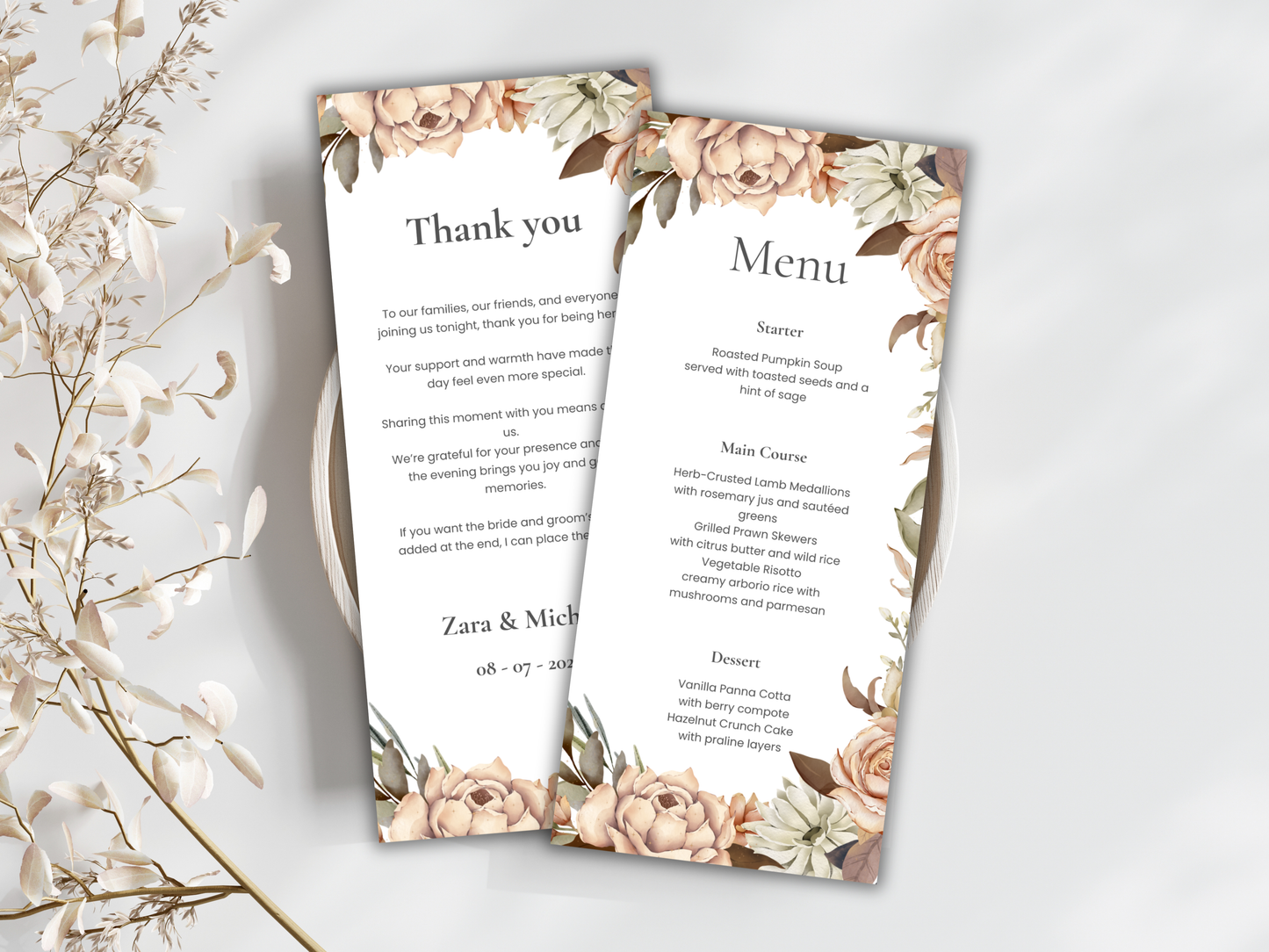 Wedding Menu & Thank You Template | Editable Canva Place Card. WI218