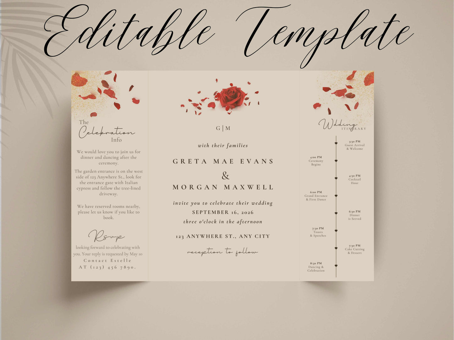 Red Rose Wedding Invitation Template - Gatefold Floral Invite with Itinerary - Elegant Modern Printable Wedding Card. WI157