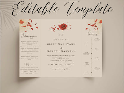Red Rose Wedding Invitation Template - Gatefold Floral Invite with Itinerary - Elegant Modern Printable Wedding Card. WI157