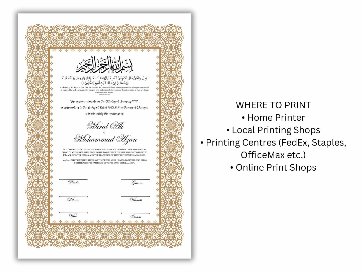 Luxury Nikkah Certificate, Premium A4/A3 Islamic Wedding Contract, Nikkah Nama, Muslim Marriage Certificate, Personalised Names, NN198