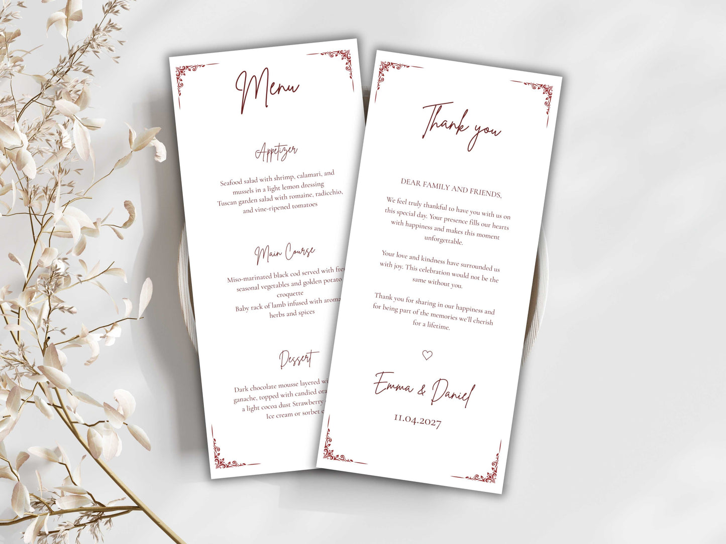 Wedding Menu Template, Thank You Card, Place Card. WI201