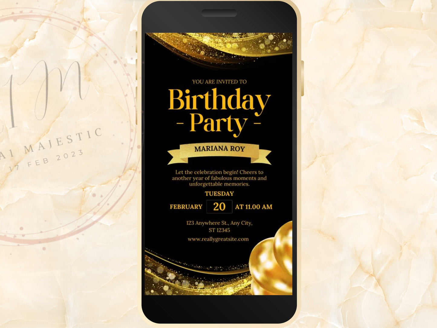 Electronic Digital Birthday Invitation, Birthday Invite, Birthday Invitation Balloon Gold Foil, Birthday Invitation for Girl. WEI41