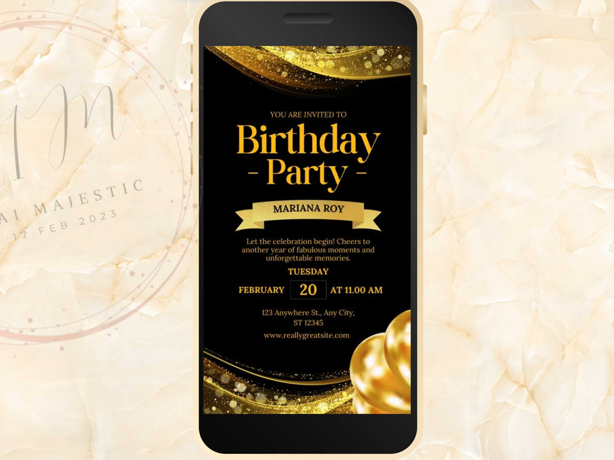 Electronic Digital Birthday Invitation, Birthday Invite, Birthday Invitation Balloon Gold Foil, Birthday Invitation for Girl. WEI41